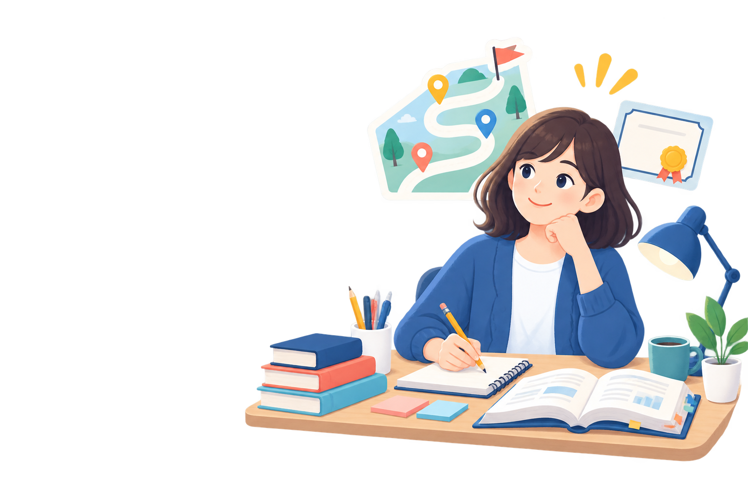 資格の勉強をする人と学習の道筋のイラスト